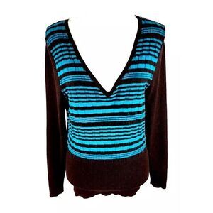 NEXT Womens V-Neck Sweater Sz US 16 UK 18 Black Blue Striped‎ Ribbed Nylon Blend